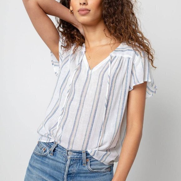 Rails Women’s Viera Ryland Striped‎ Linen Top Size XS Blouse Short Sleeve V Neck - Picture 1 of 7